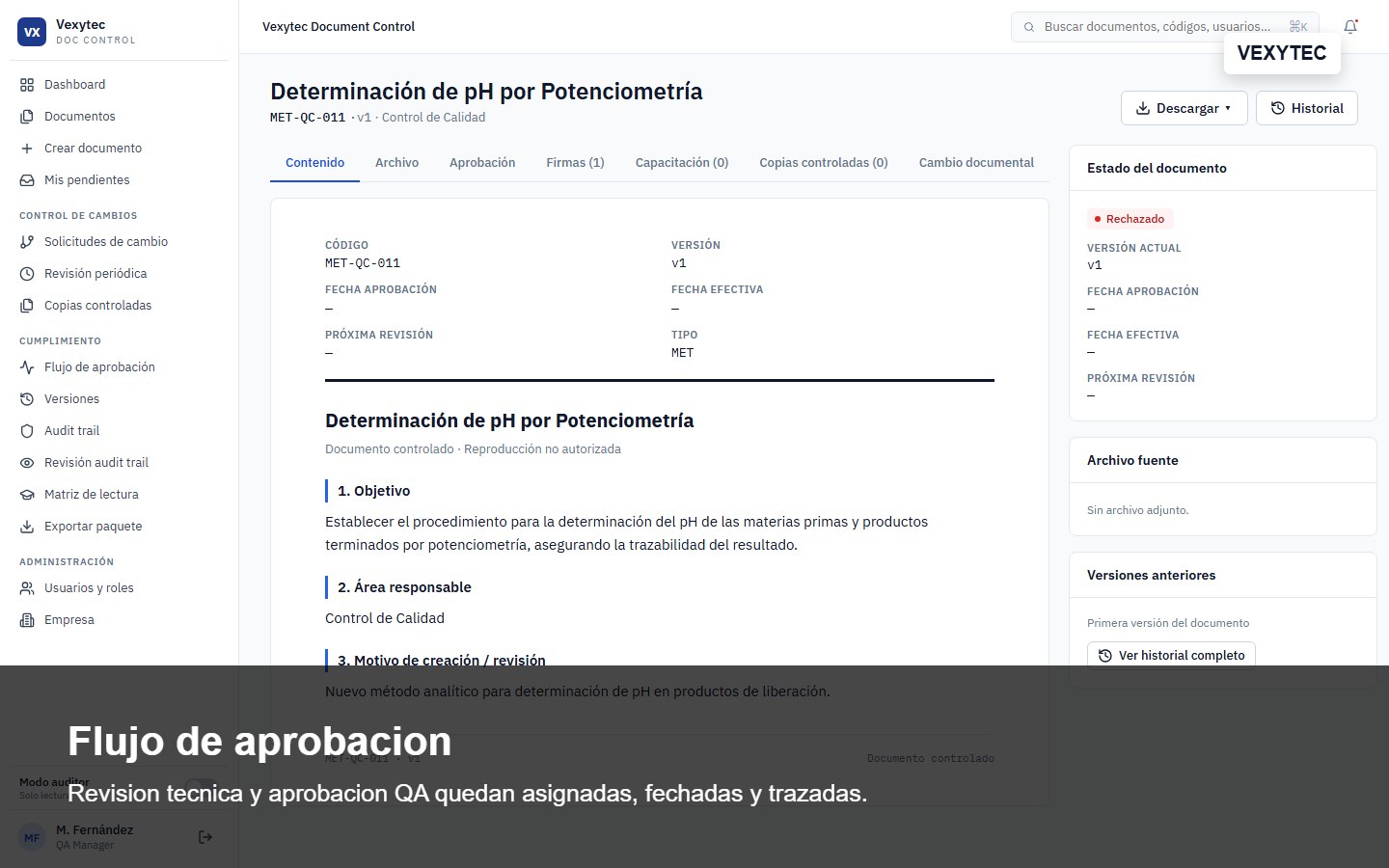 Flujo de aprobación documental de Vexytec